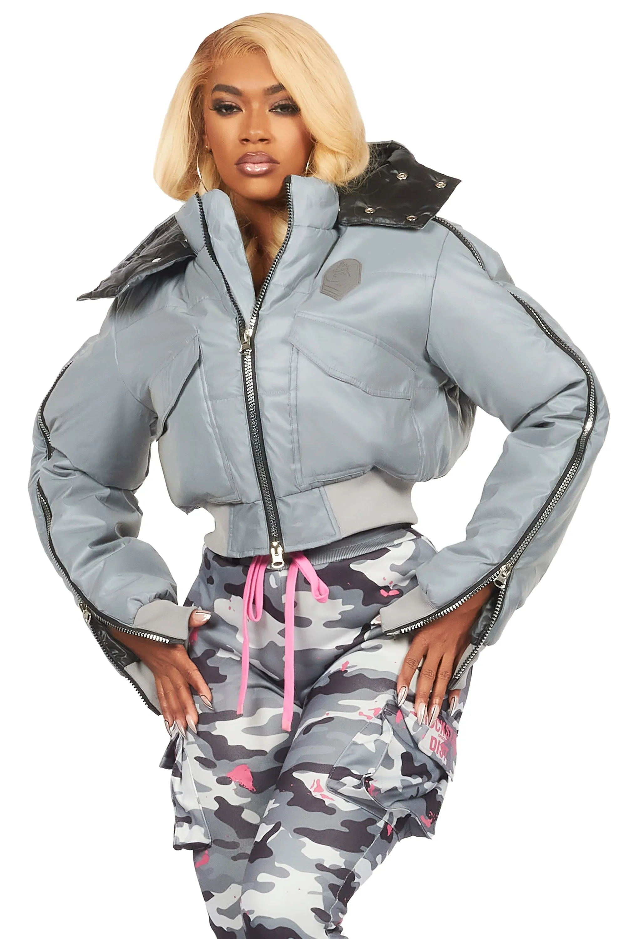 Kamryn Silver Reflective Crop Puffer Jacket