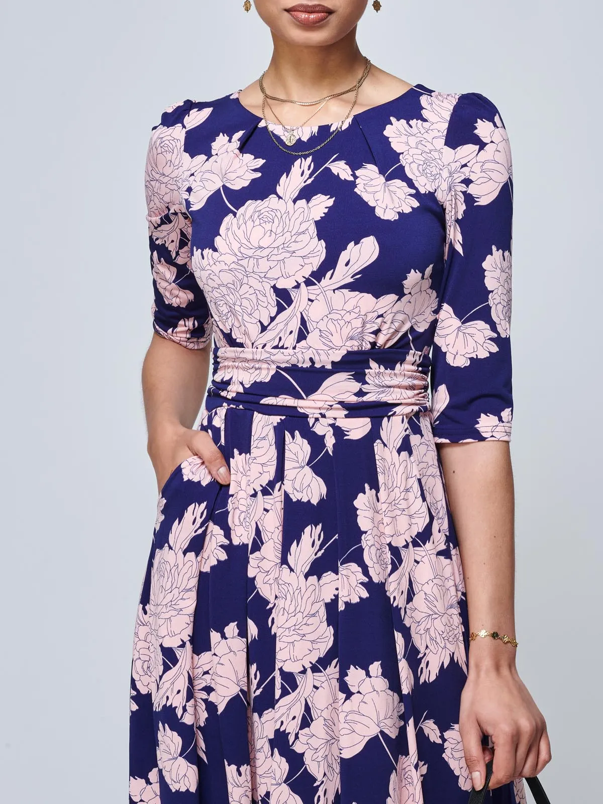 Karla 3/4 Sleeve Jersey Maxi Dress, Navy Floral