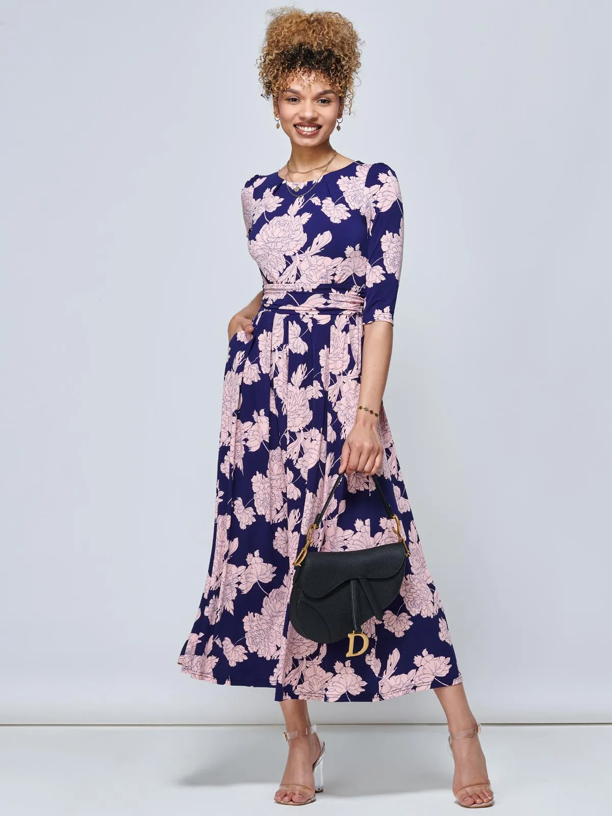 Karla 3/4 Sleeve Jersey Maxi Dress, Navy Floral