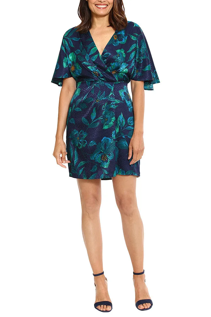 London Times V-neck short flutter sleeve zipper closure floral faux wrap satin jacquard dress