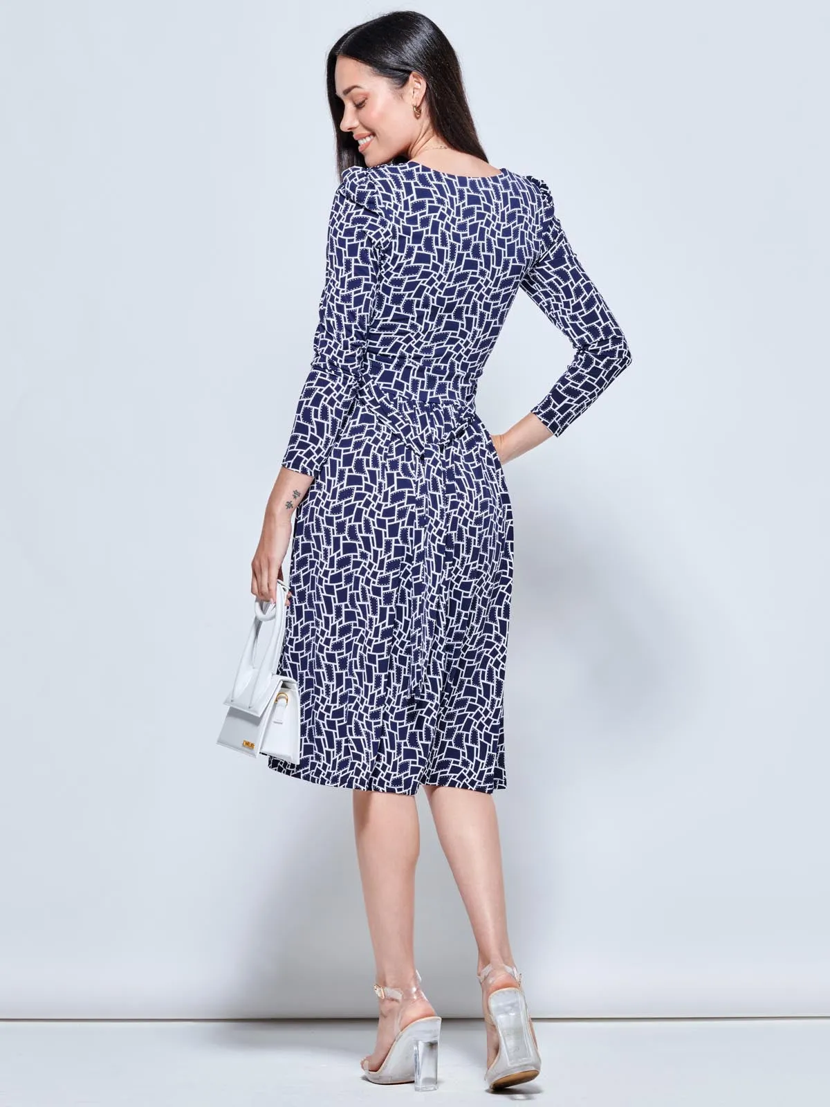 Long Sleeve Jersey Midi Dress, Navy Geo