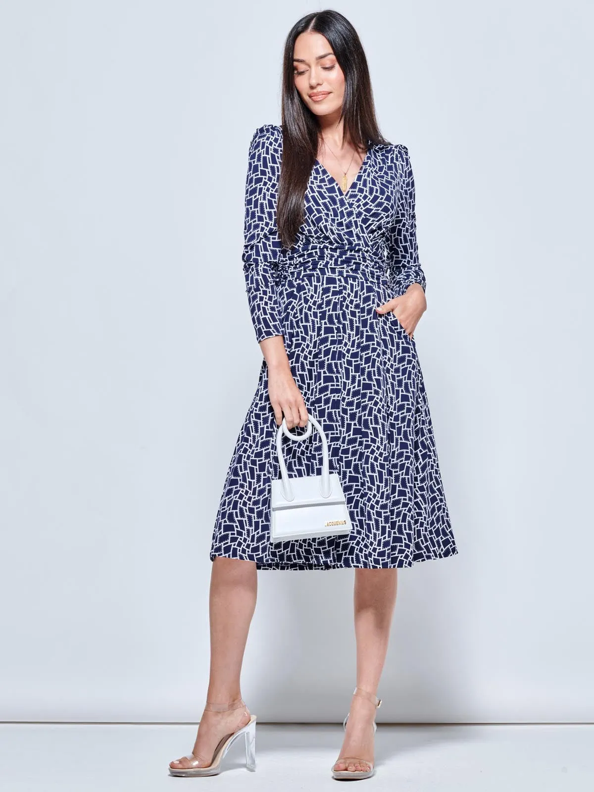 Long Sleeve Jersey Midi Dress, Navy Geo