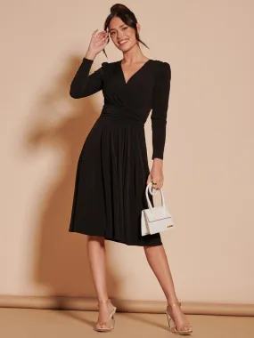 Long Sleeve Pleated Jersey Midi Dress, Black