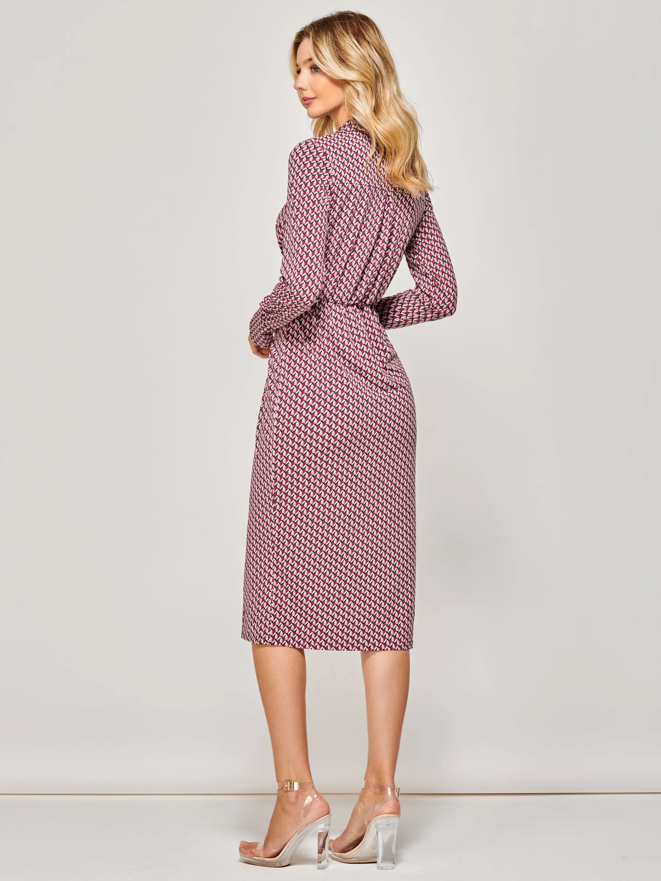 Long Sleeve Wrap Midi Shirt Dress, Pink Geometric