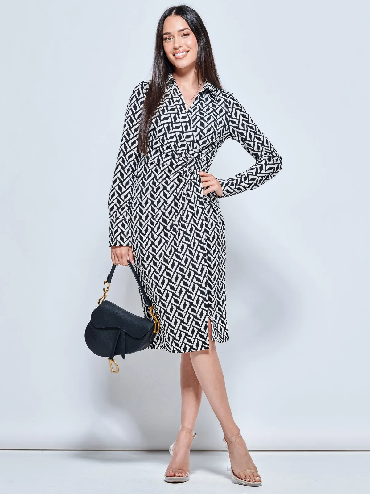 Long Sleeved Buckle Detail Shirt Dress, Black Geo