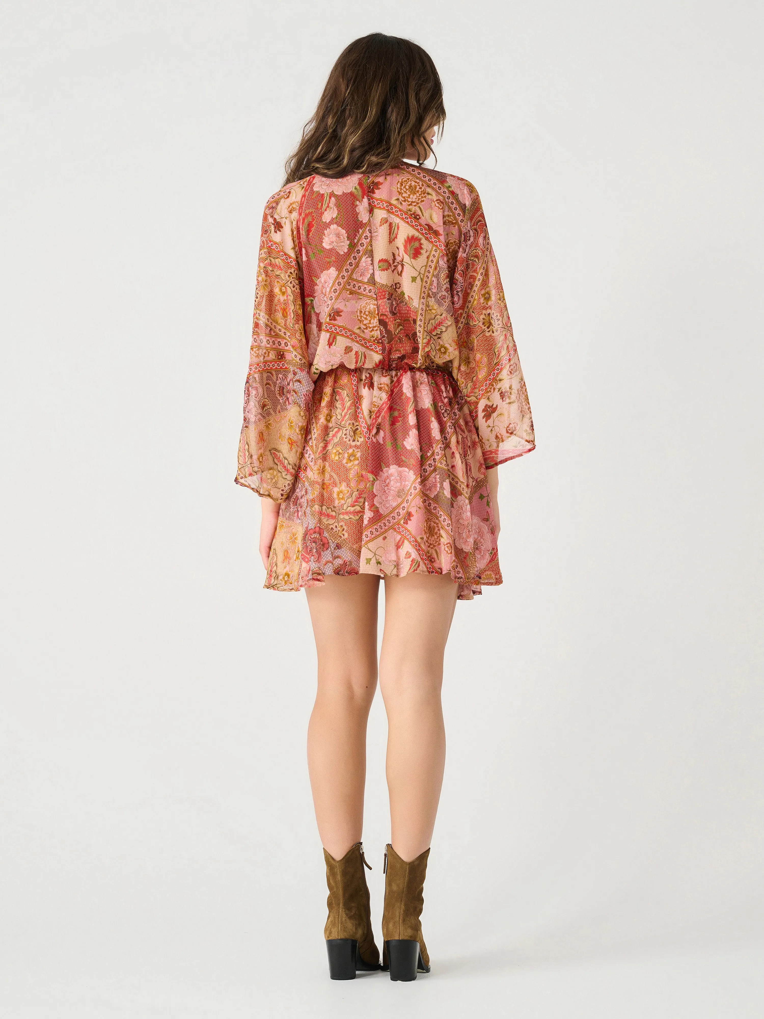 Longsleeve Wrap Mini Dress in Russet Floral Patchwork