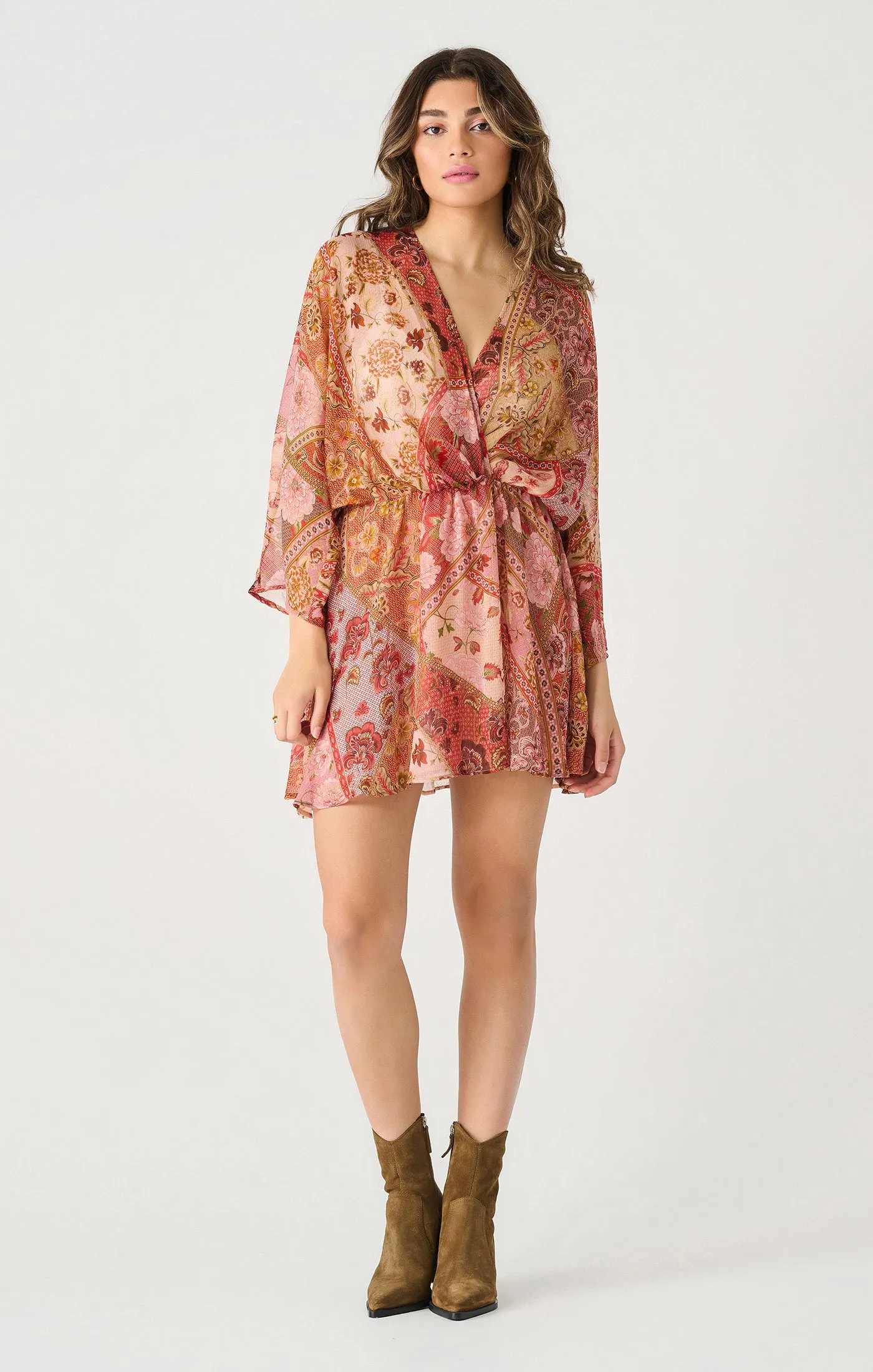 Longsleeve Wrap Mini Dress in Russet Floral Patchwork