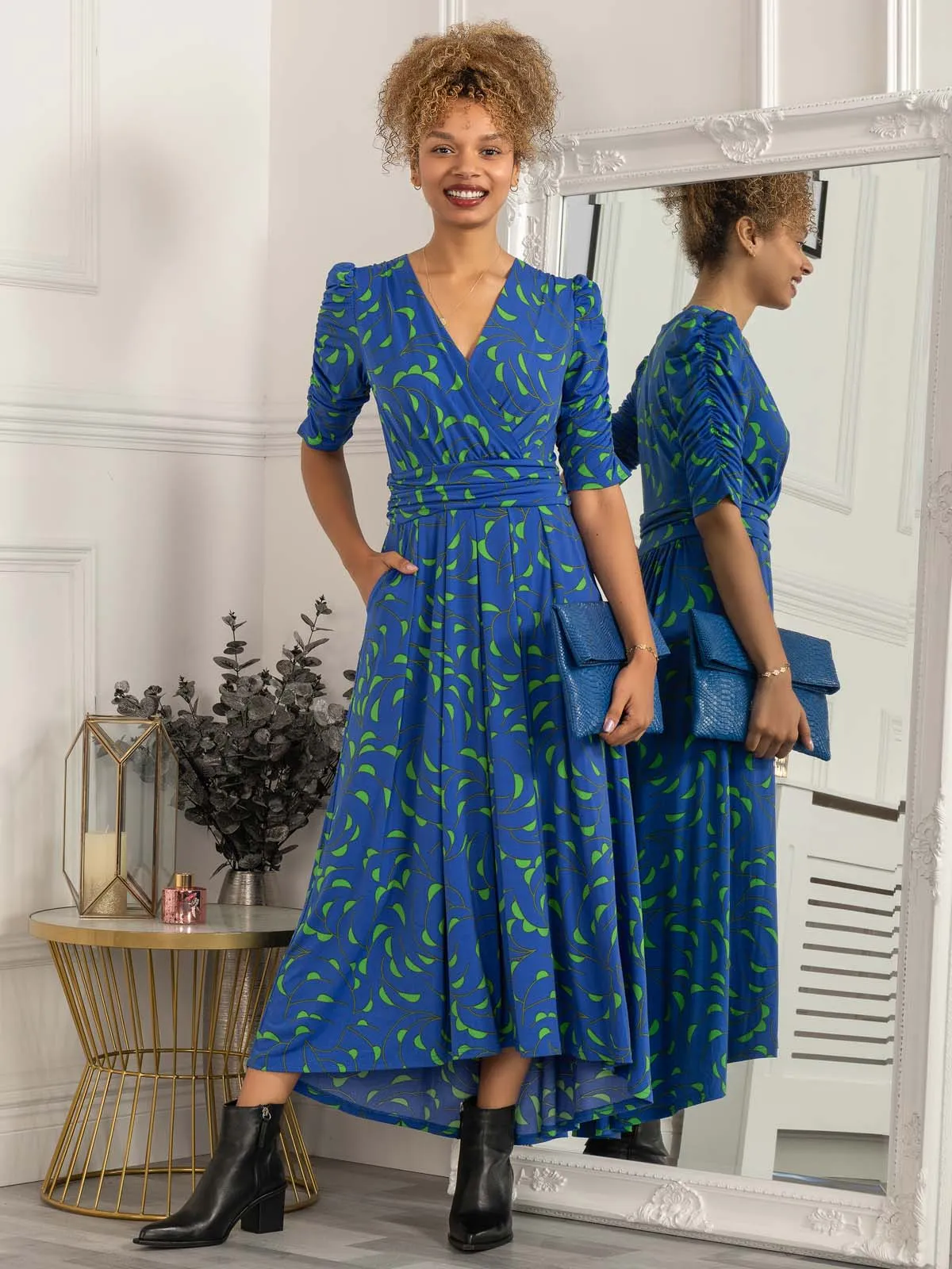 Maanasi Ruched Sleeve Jersey Maxi Dress, Blue Pattern