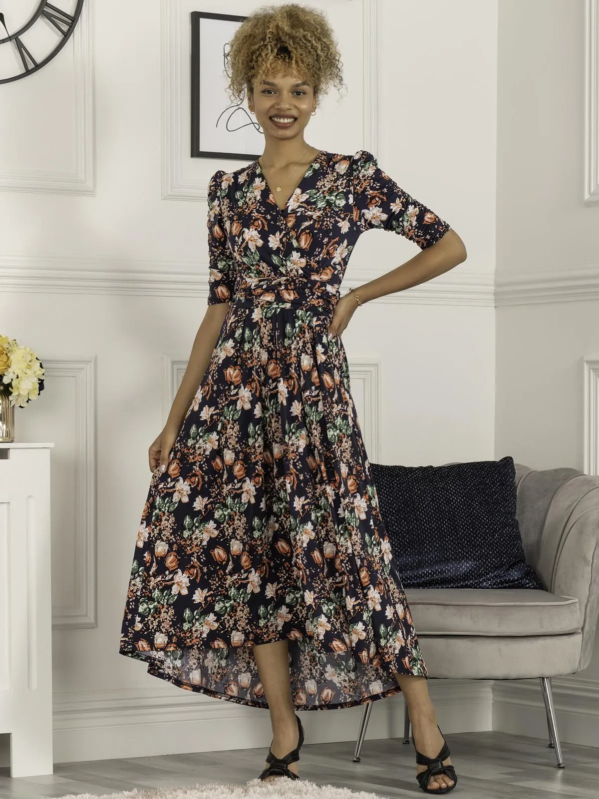 Maanasi Ruched Sleeve Jersey Maxi Dress, Navy Floral