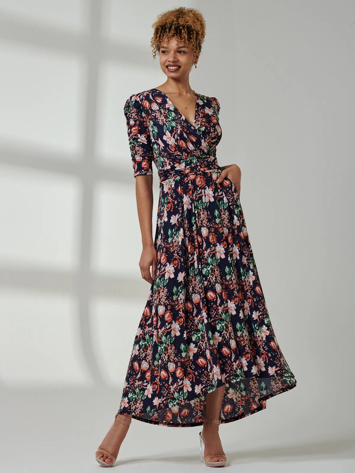 Maanasi Ruched Sleeve Jersey Maxi Dress, Navy Floral