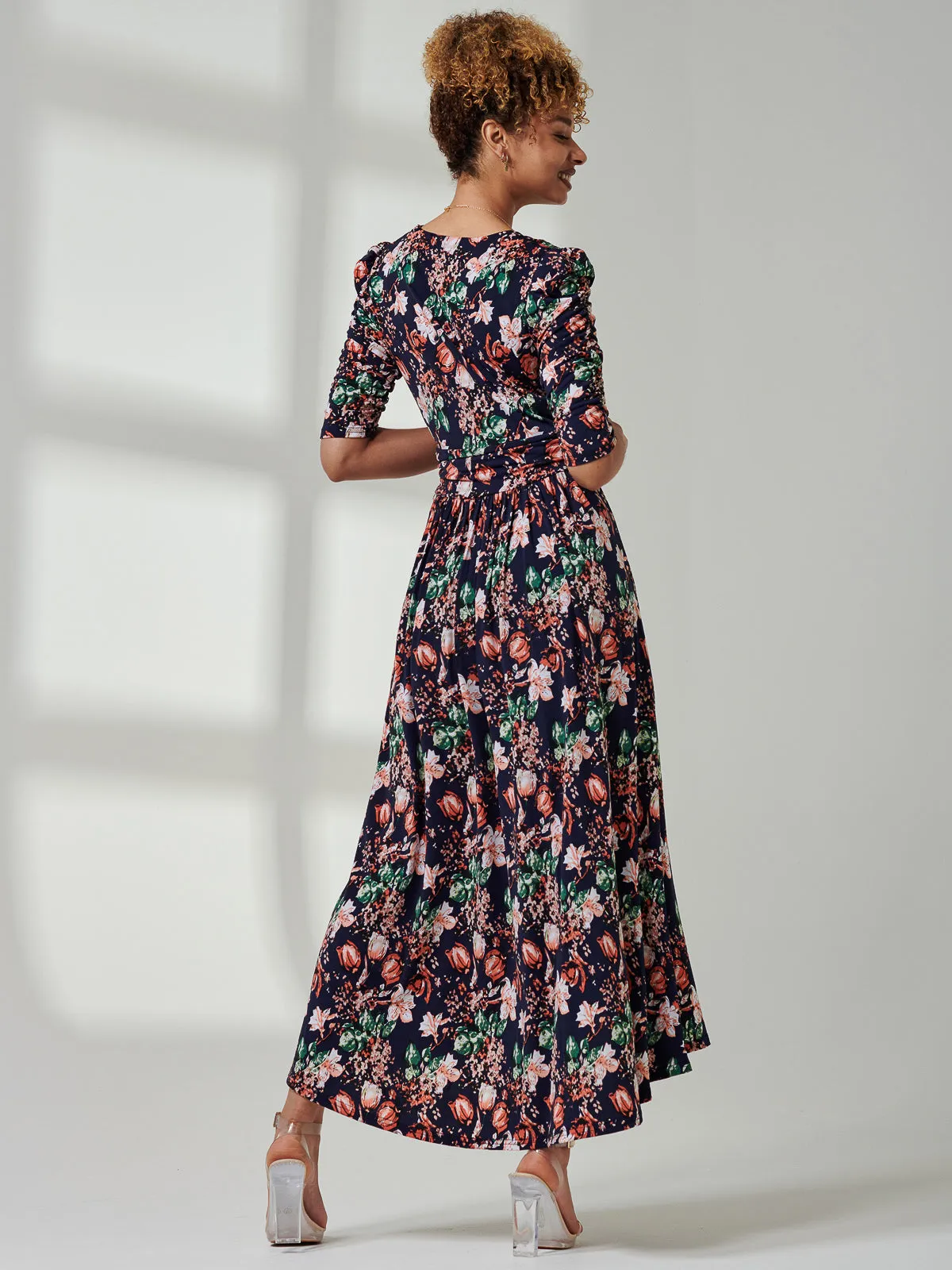 Maanasi Ruched Sleeve Jersey Maxi Dress, Navy Floral