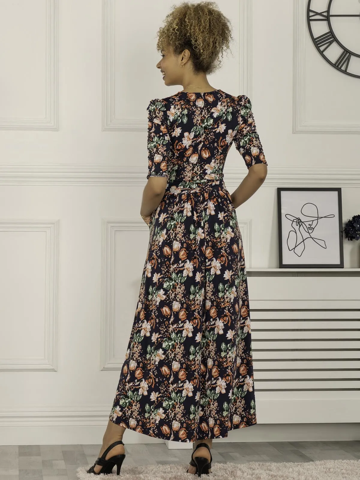 Maanasi Ruched Sleeve Jersey Maxi Dress, Navy Floral