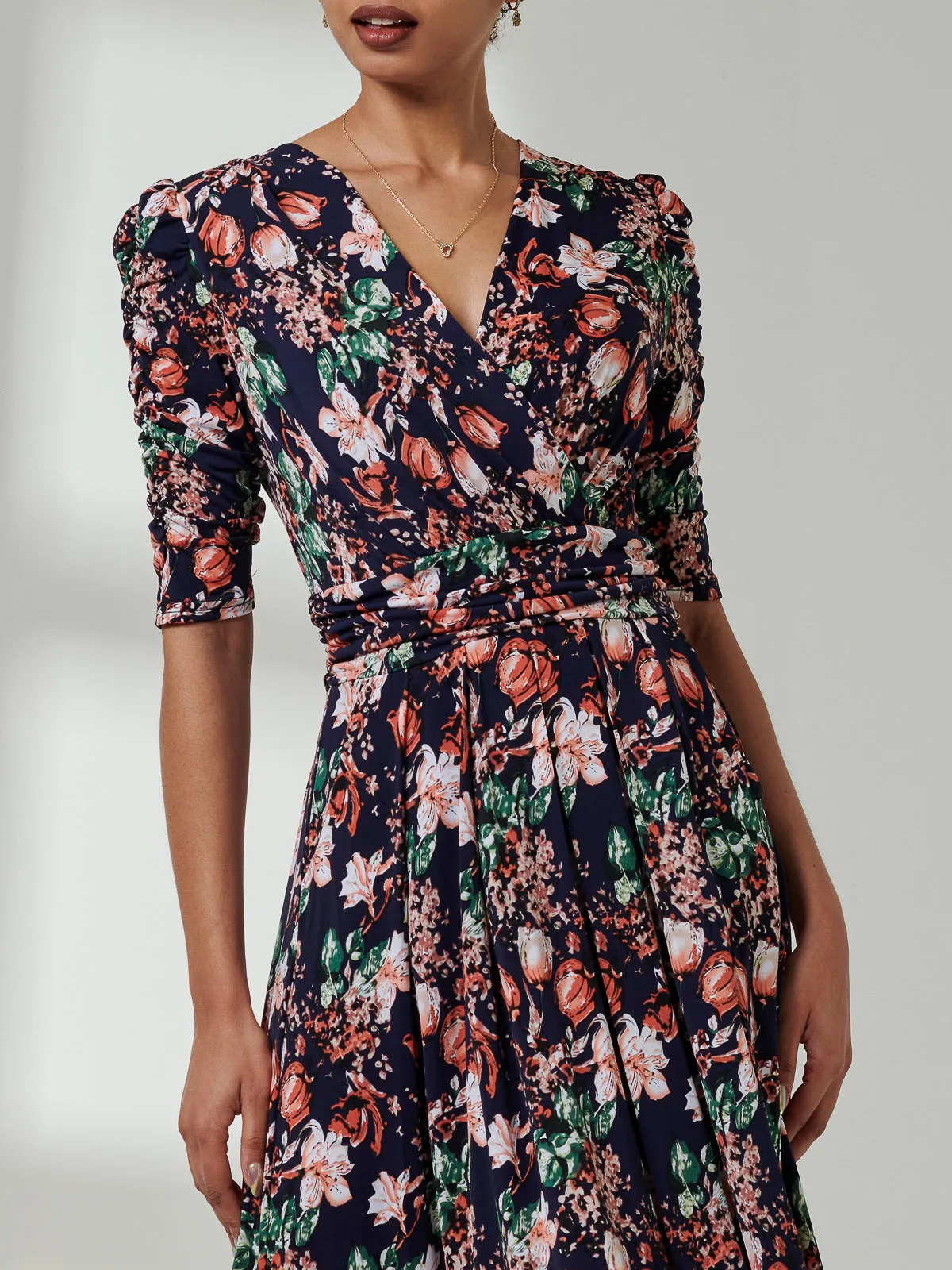 Maanasi Ruched Sleeve Jersey Maxi Dress, Navy Floral