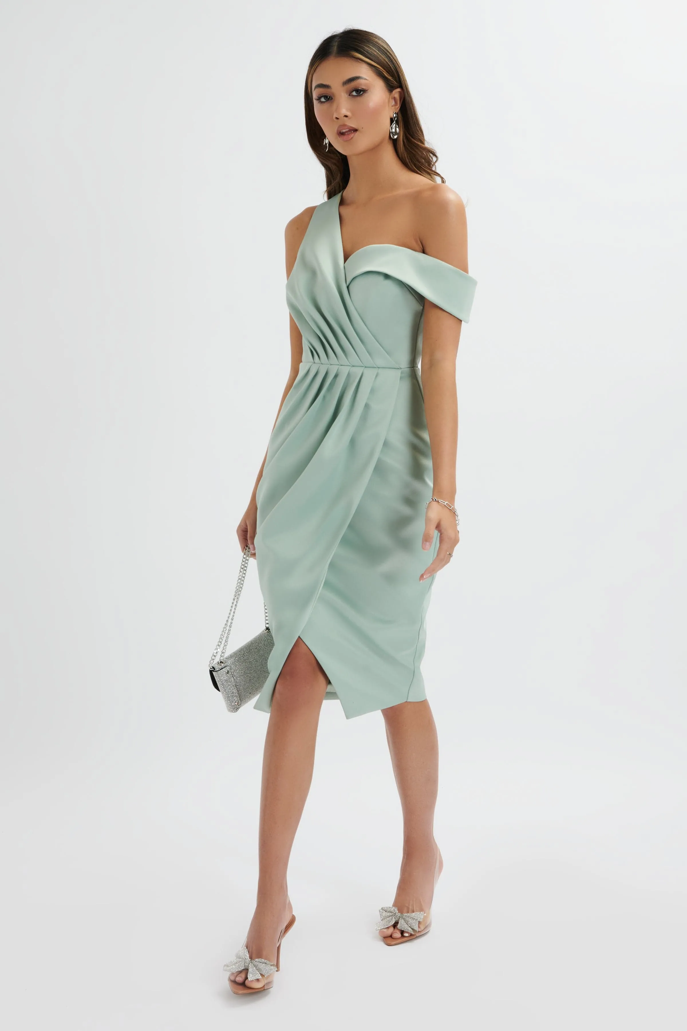 MAJA One Shoulder Pleated Bonded Satin Midi Dress in Sage Green