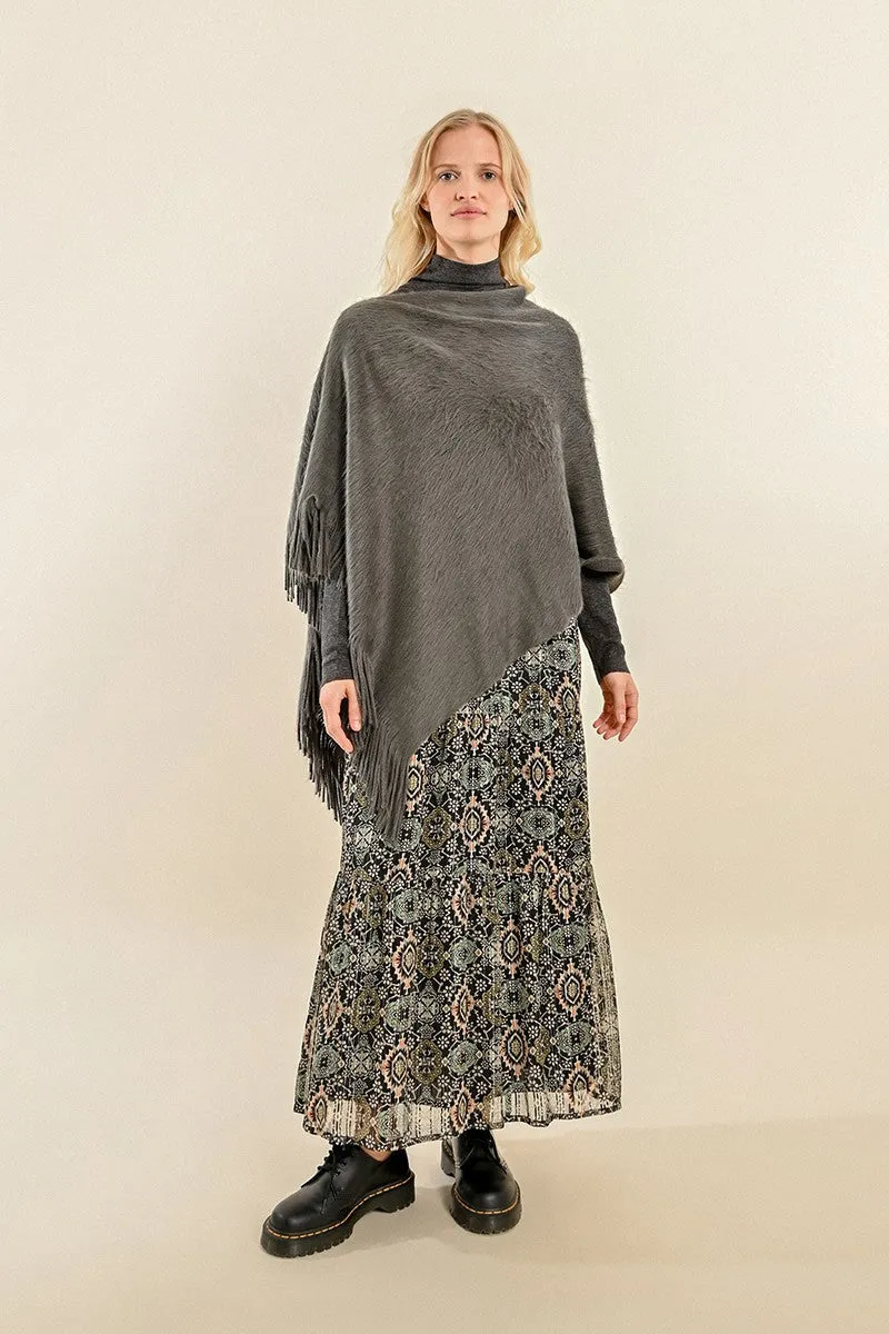 MBN Fringe Poncho - Ash Grey