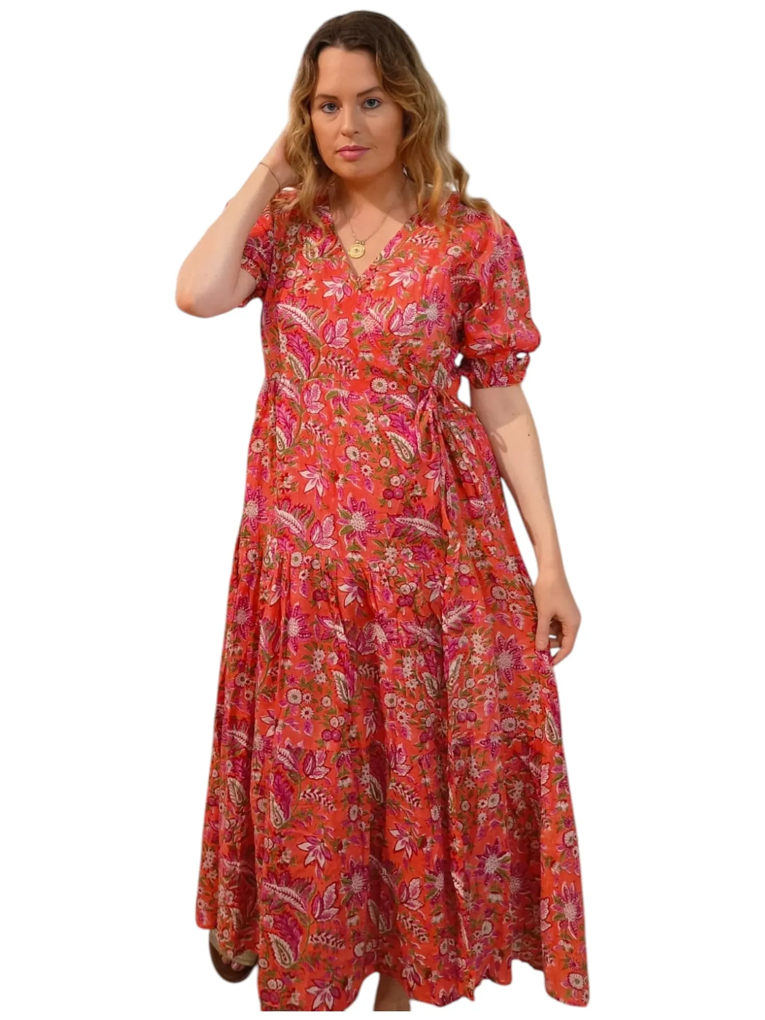 Melange - Indian Block Print Wrap Midi Dress - Apricot