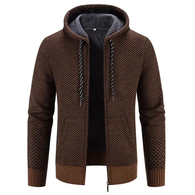 Men's Cardigan Coat Fleece-lined Thick Hooded Solid Color Sweater