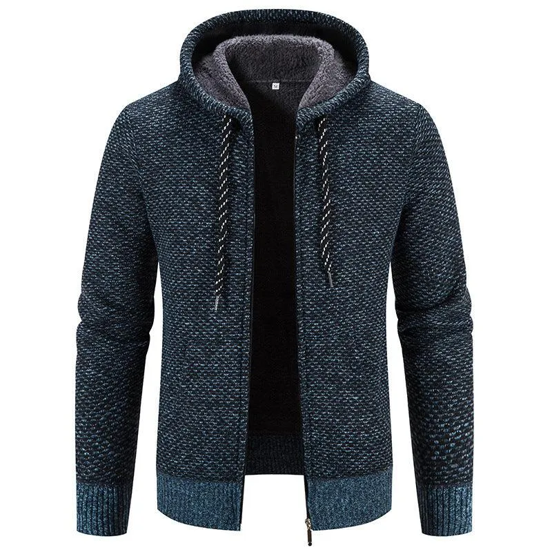 Men's Cardigan Coat Fleece-lined Thick Hooded Solid Color Sweater