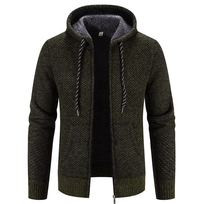 Men's Cardigan Coat Fleece-lined Thick Hooded Solid Color Sweater