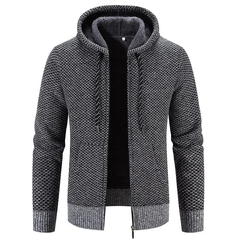 Men's Cardigan Coat Fleece-lined Thick Hooded Solid Color Sweater