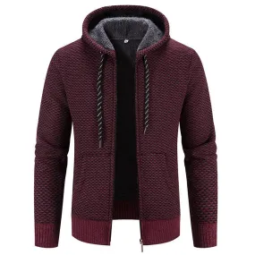 Men's Cardigan Coat Fleece-lined Thick Hooded Solid Color Sweater