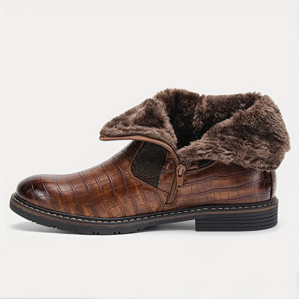 Men's Trendy Vintage Ankle Boots, Anti-skid Side-zippered Boots With Fuzzy Lining For Outdoor, Autumn And Winter