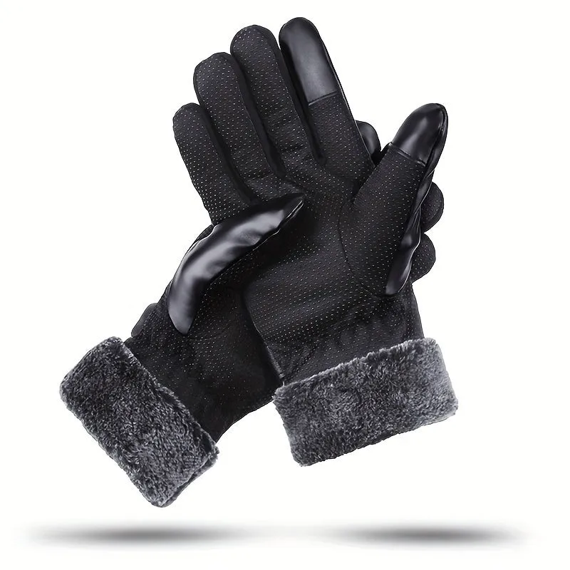 Men's Winter Cycling Gloves - Touchscreen Compatible, Waterproof & Windproof PU Leather, Thick Warmth, Solid Color, Casual Style, Non-Washable - Perfect Gift for Men