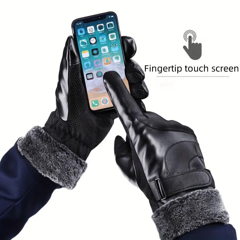 Men's Winter Cycling Gloves - Touchscreen Compatible, Waterproof & Windproof PU Leather, Thick Warmth, Solid Color, Casual Style, Non-Washable - Perfect Gift for Men