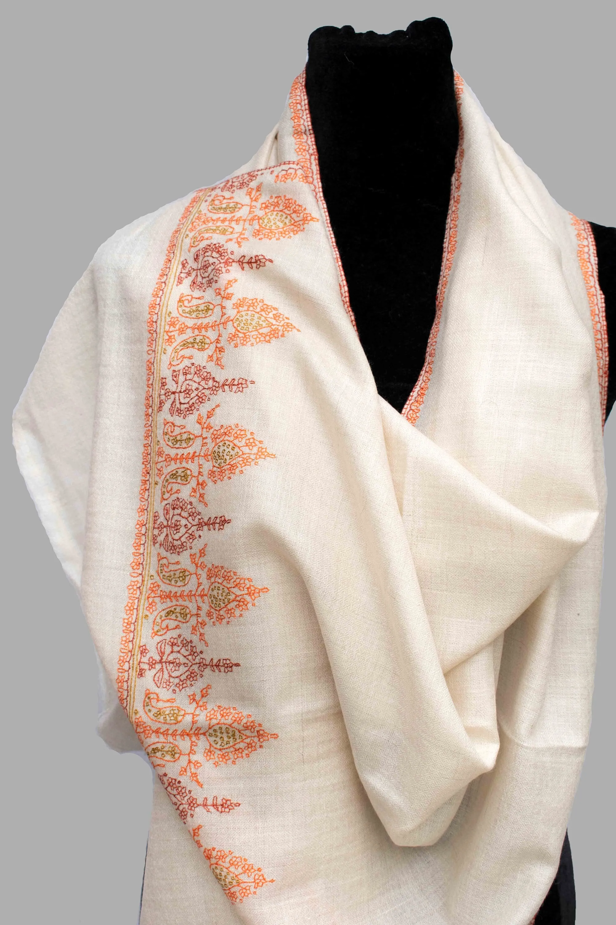 Natural Ivory Beautifully Hand Embroided Pure Cashmere Pashmina Scarf Wrap Shawl Handwoven