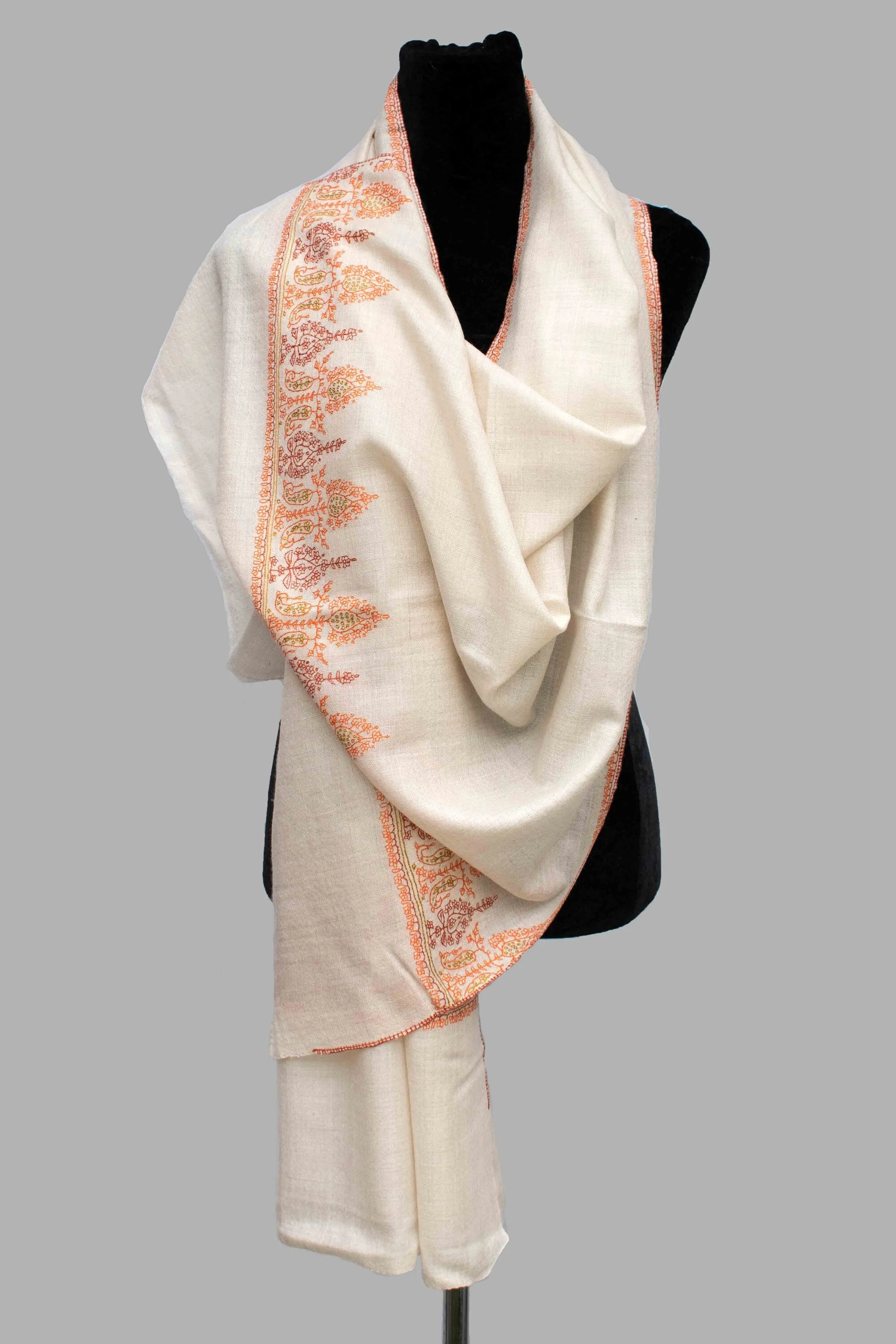 Natural Ivory Beautifully Hand Embroided Pure Cashmere Pashmina Scarf Wrap Shawl Handwoven