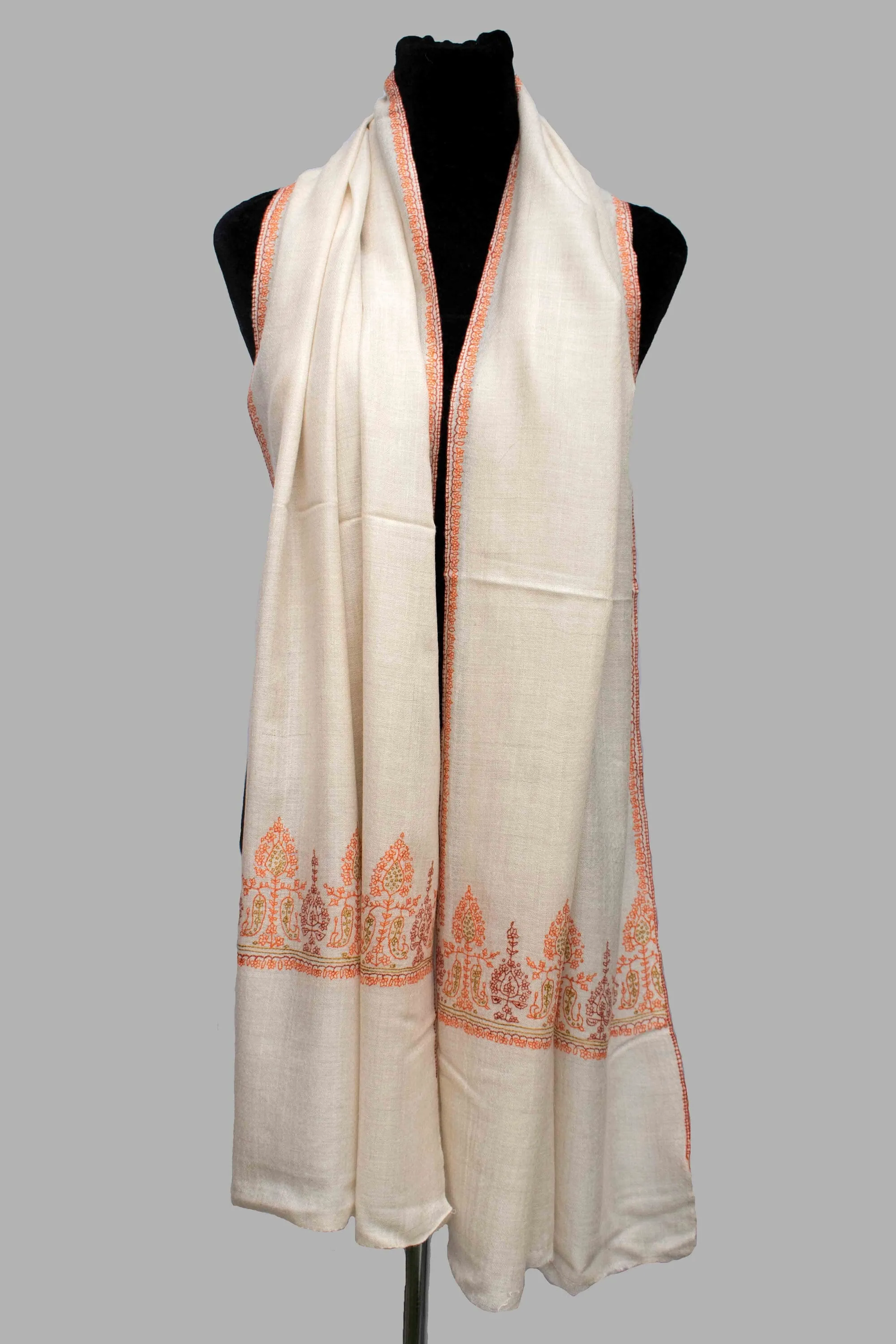 Natural Ivory Beautifully Hand Embroided Pure Cashmere Pashmina Scarf Wrap Shawl Handwoven