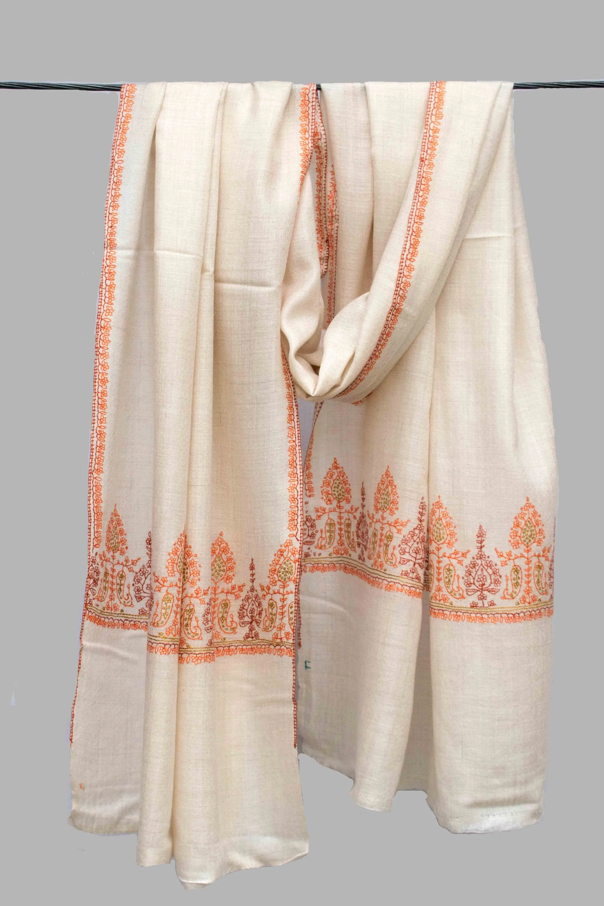 Natural Ivory Beautifully Hand Embroided Pure Cashmere Pashmina Scarf Wrap Shawl Handwoven