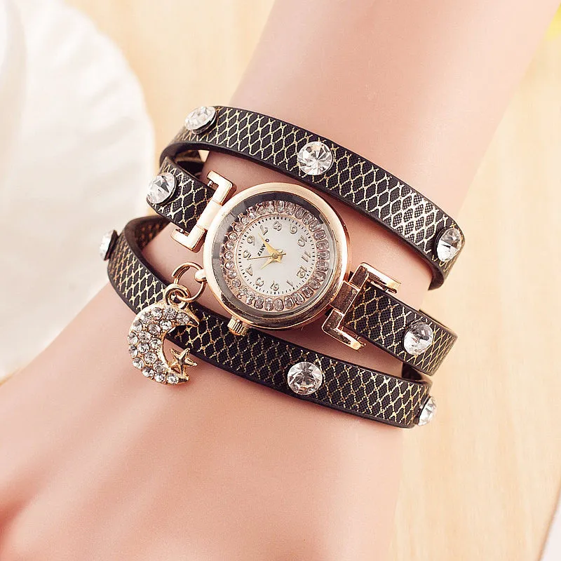 New Arrival Fashion Leather Bracelet Watches Women Dress Watch Charms Diamond Moon Stars Pendant Quartz Watch Relogio Feminino