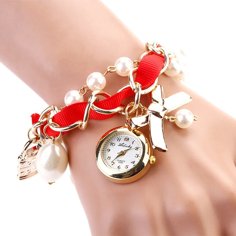 New Fashion Casual Pearl Bow Bracelet Wristwatch Women Wristwatches Luxury Watch Women Ladies Classic Watch