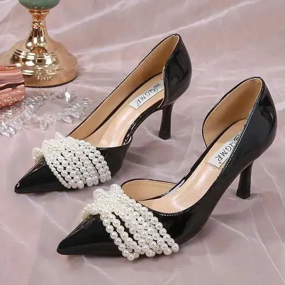 New Pearl Stiletto Heels Fairy White Wedding Bridesmaid Shoes Fashion Party Pumps Kq8