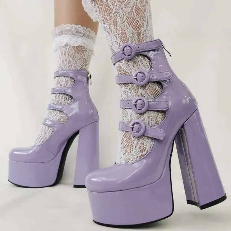 New Purple Lolita Sweet 15Cm High Heels Thick Bottom Bow Women's Round Head Hollow Out Buckle Single Shoes Size 36-47