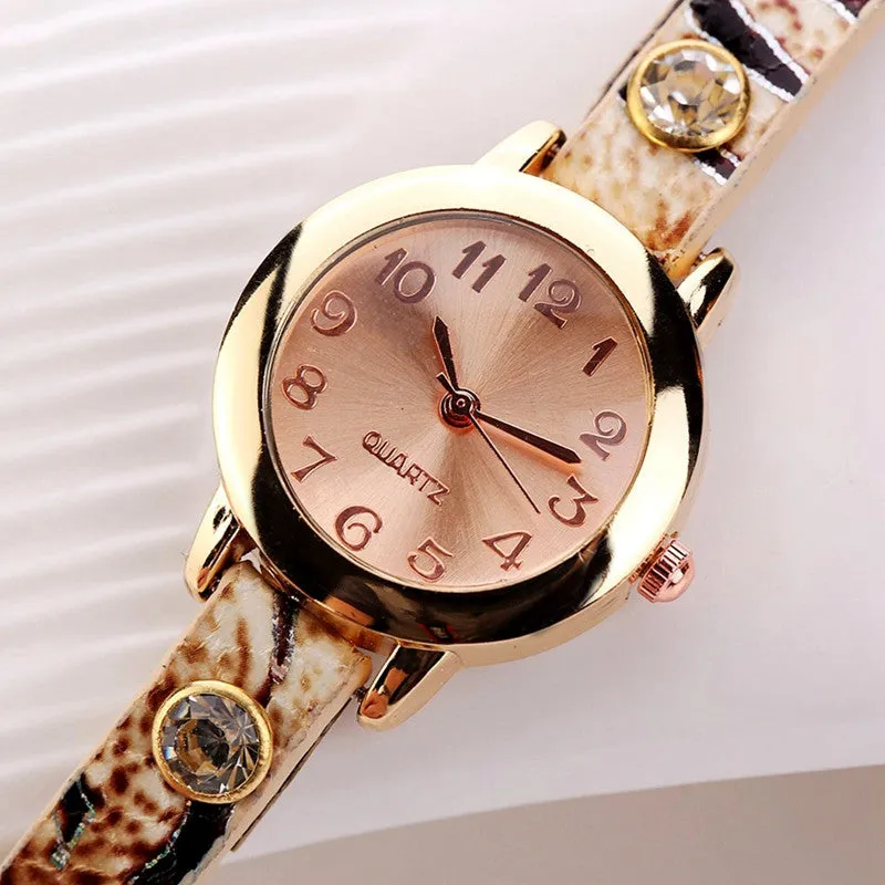 New Women Dress Watches Quartz Wrist Watch Snake Leather Bracelet Gold Watches Luxury Drill Women Top Brand