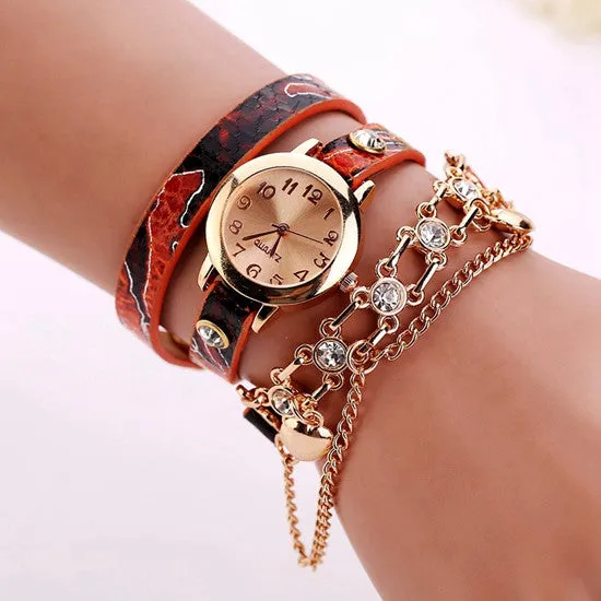 New Women Dress Watches Quartz Wrist Watch Snake Leather Bracelet Gold Watches Luxury Drill Women Top Brand