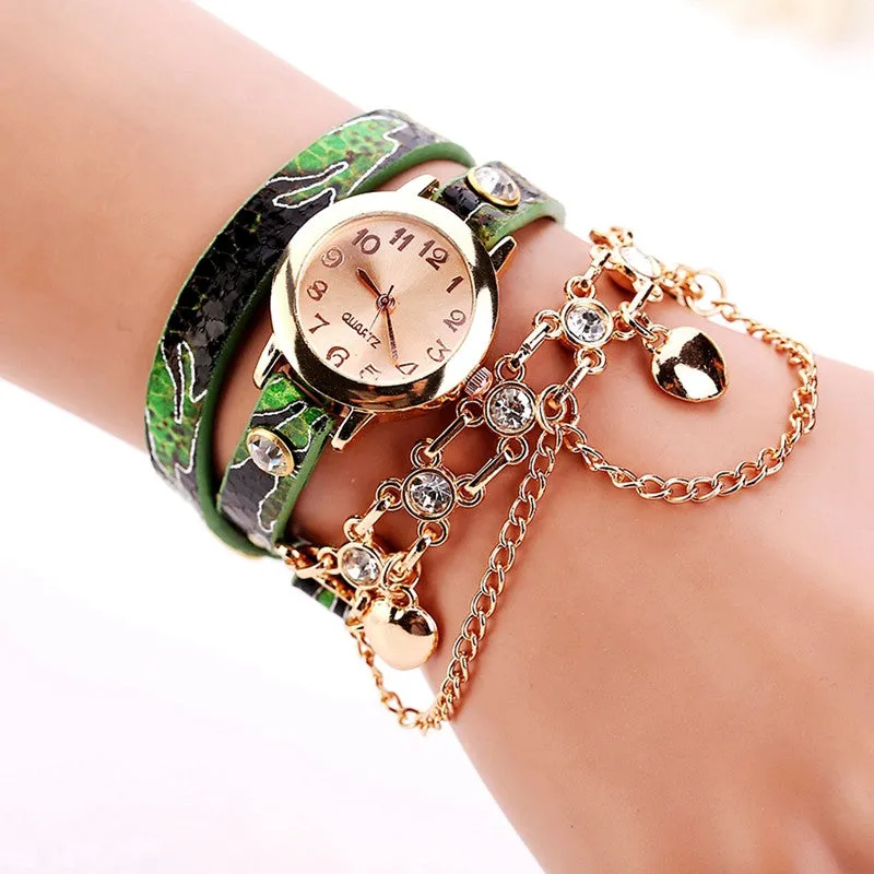 New Women Dress Watches Quartz Wrist Watch Snake Leather Bracelet Gold Watches Luxury Drill Women Top Brand