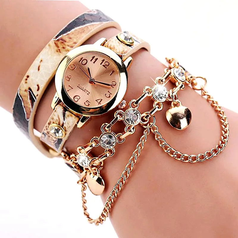 New Women Dress Watches Quartz Wrist Watch Snake Leather Bracelet Gold Watches Luxury Drill Women Top Brand