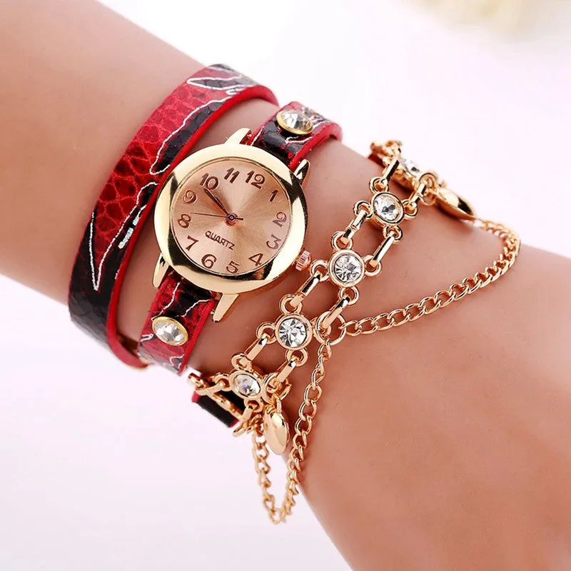 New Women Dress Watches Quartz Wrist Watch Snake Leather Bracelet Gold Watches Luxury Drill Women Top Brand