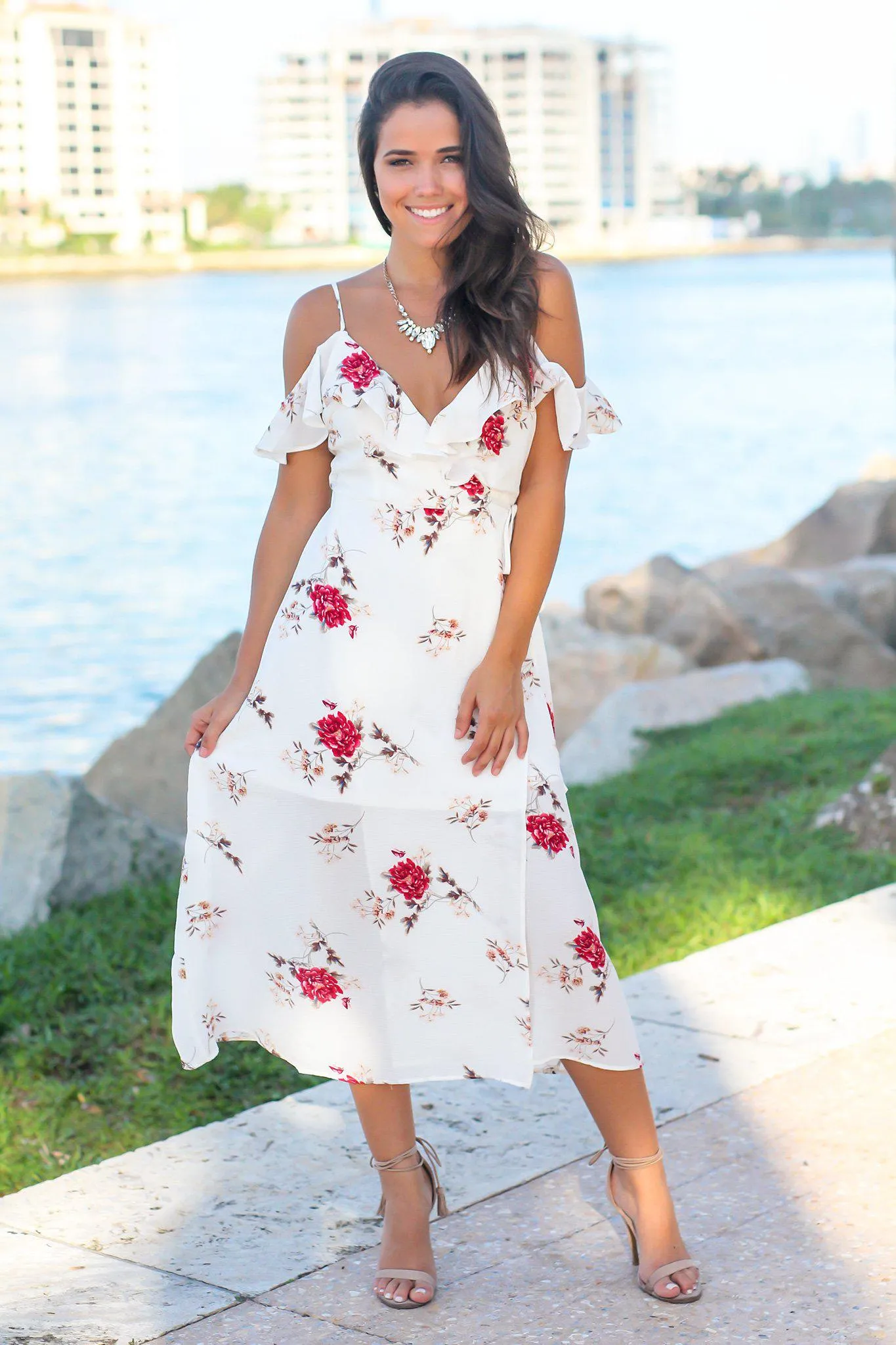 Off White Floral Wrap Dress