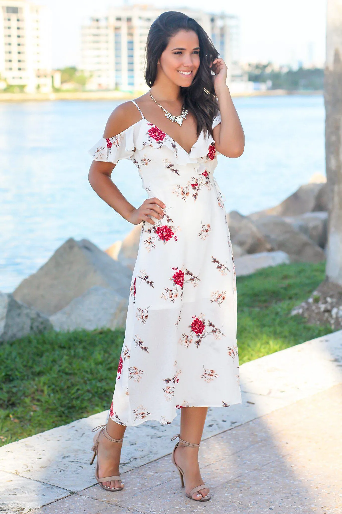 Off White Floral Wrap Dress