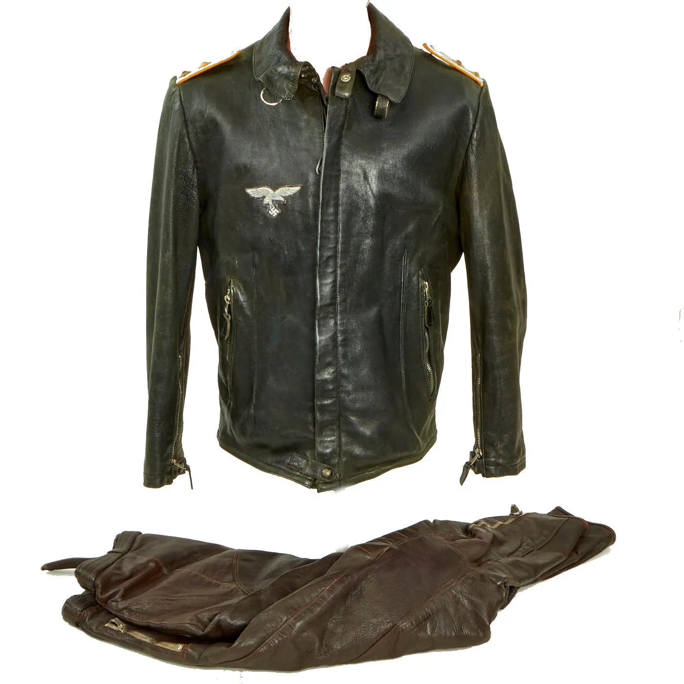 Original German WWII 1941 Dated Luftwaffe Hauptmann Officer's Leather Flight Jacket with Leather Flight Pants