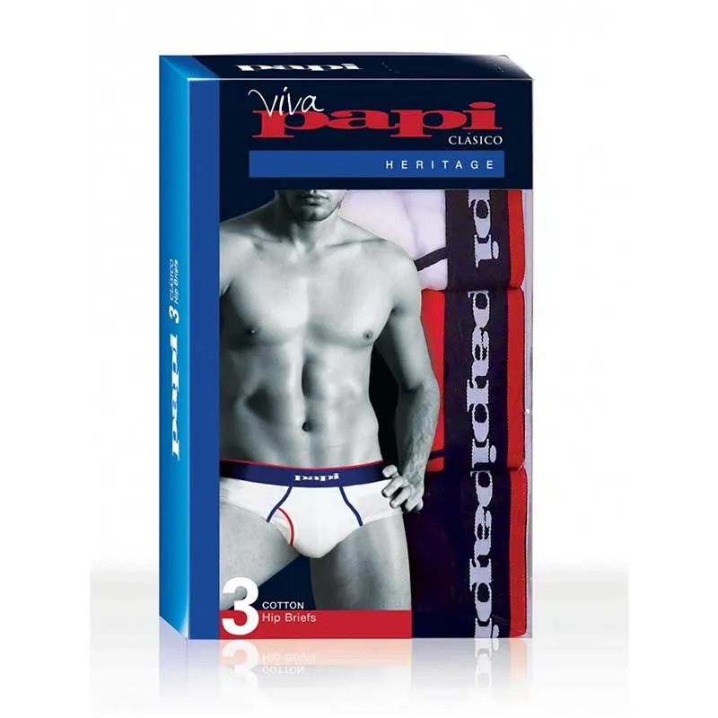 Papi [3 Pack] Heritage Clasico Hip Brief Underwear White & Red & Navy 980411-901 Size M