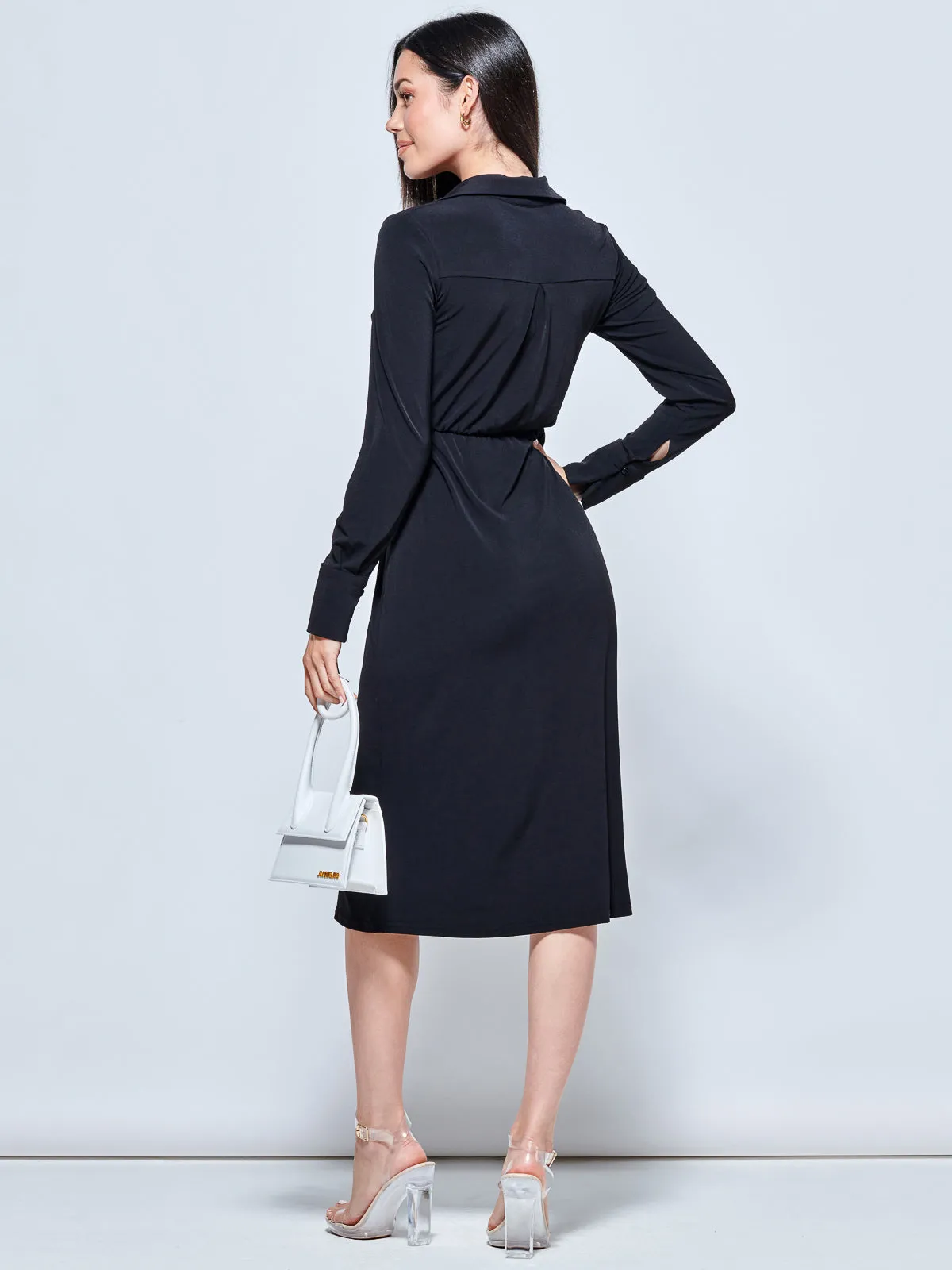 Plain Long Sleeve Jersey Shirt Dress, Black