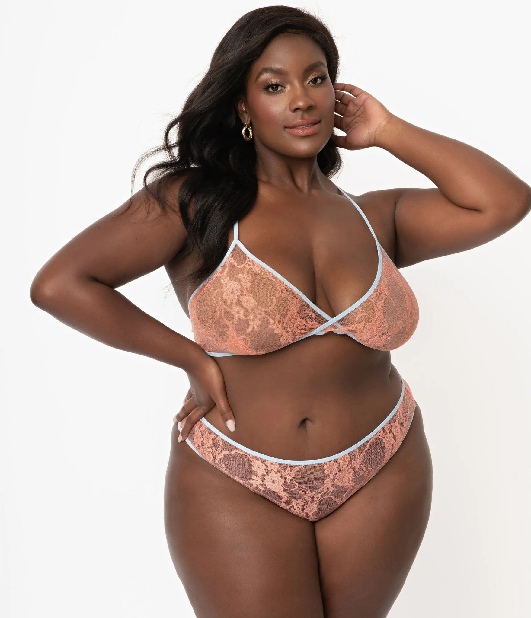 Plus Size Light Blue & Peach Sheer Lace Cheeky Underwear