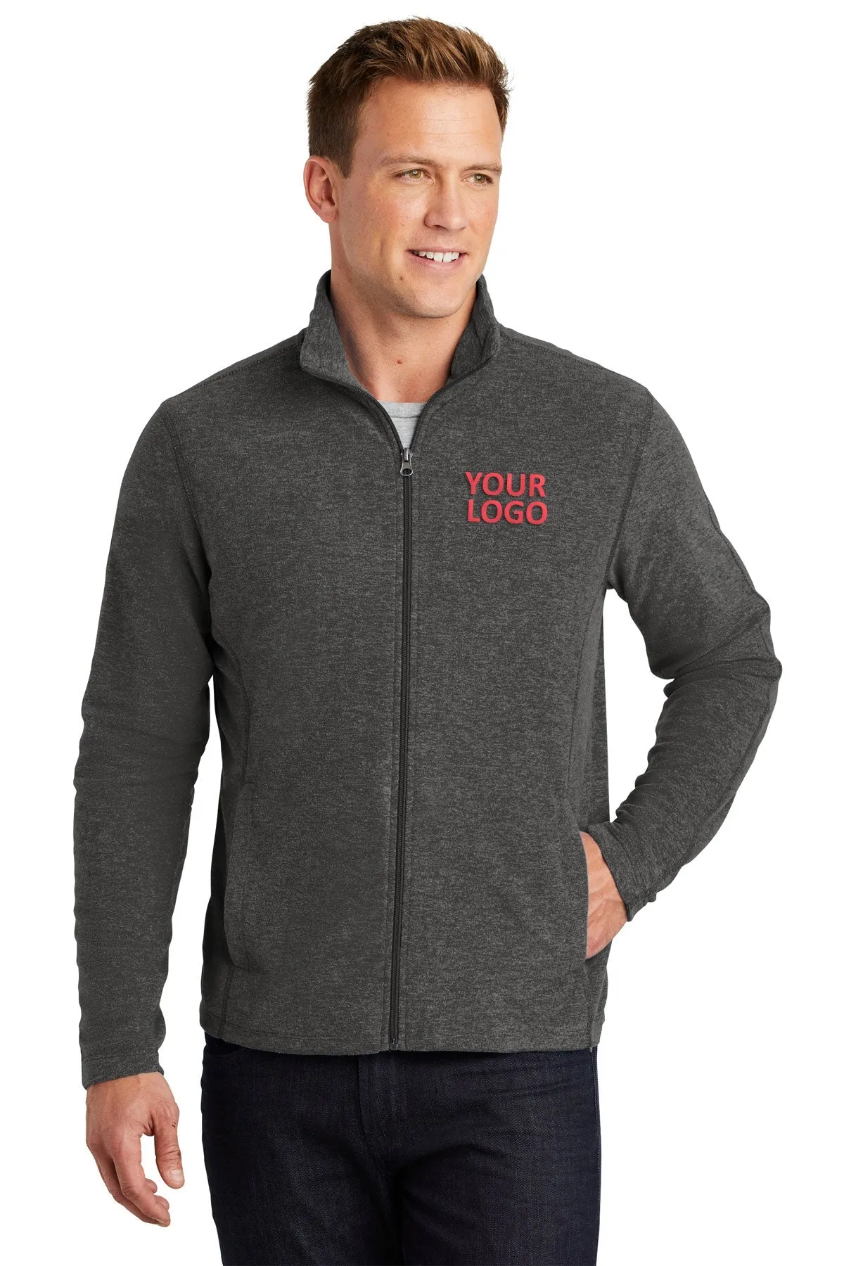 Port Authority Heather Microfleece Branded Full-Zip Jackets, Black Charcoal Heather