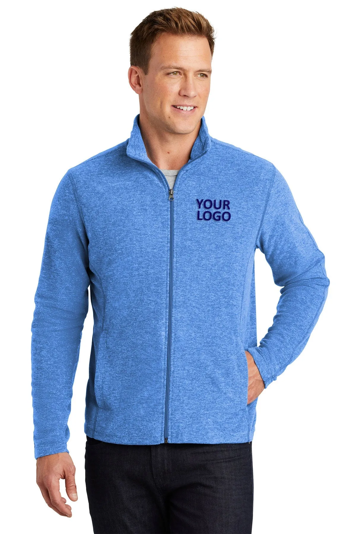 Port Authority Heather Microfleece Branded Full-Zip Jackets, Light Royal Heather