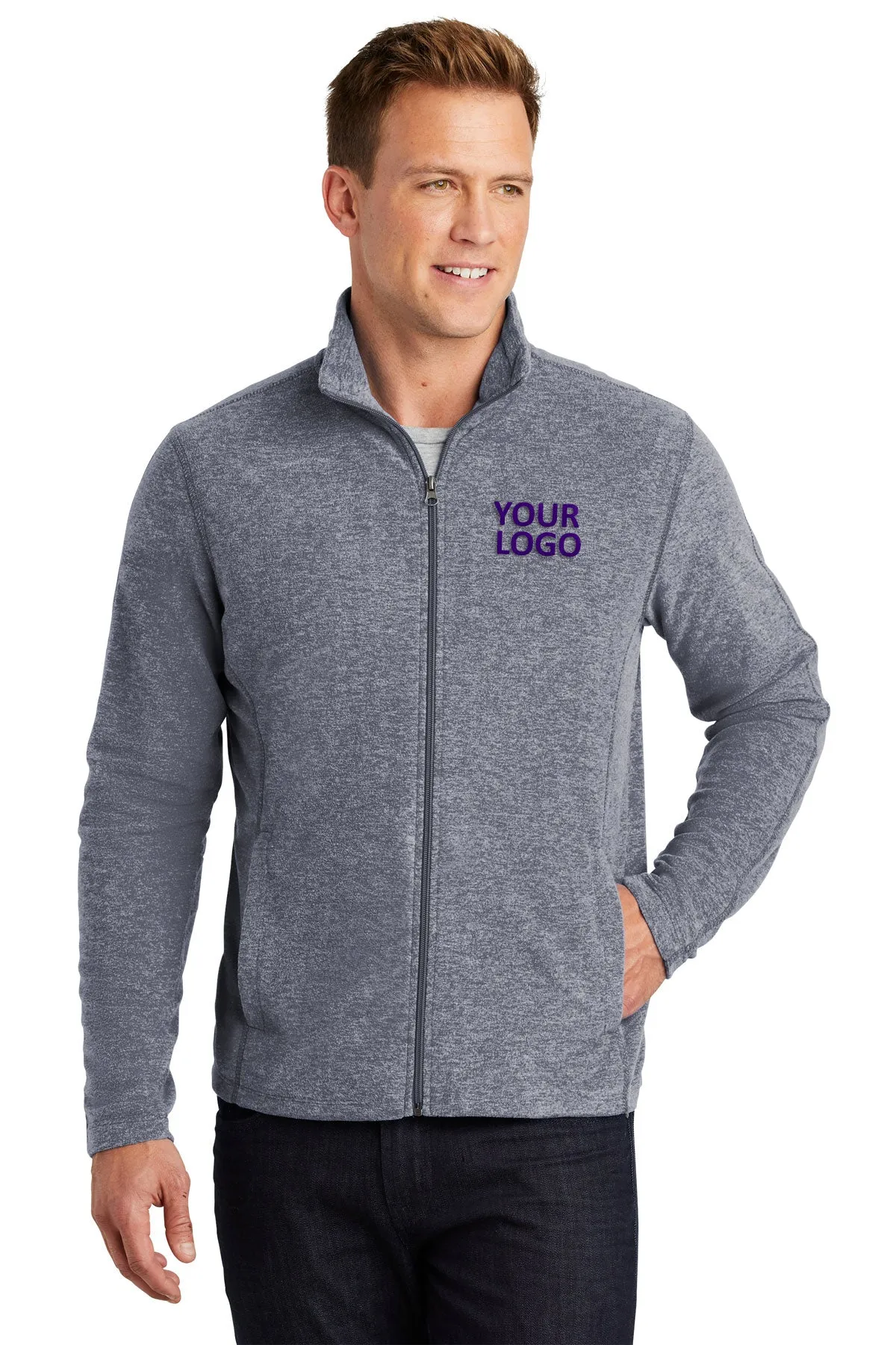 Port Authority Heather Microfleece Branded Full-Zip Jackets, True Navy Heather